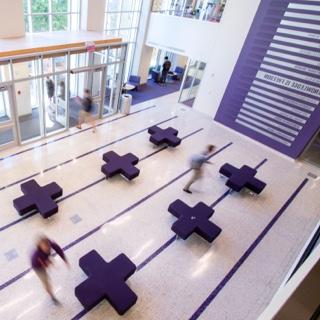 The lobby of TCU's Rees-Jones Hall features purple modular furnishings